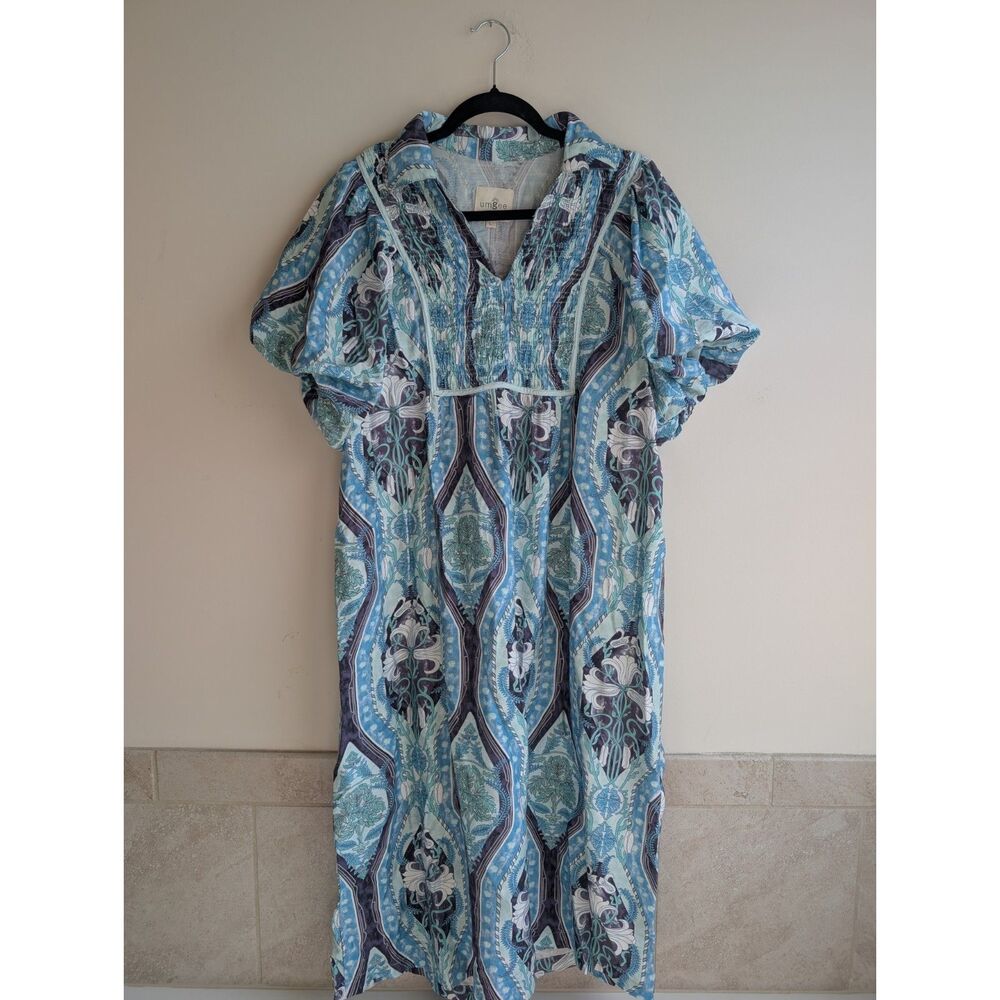 Umgee women's L blue boho medallion maxi paisley dress collared puff sleeve